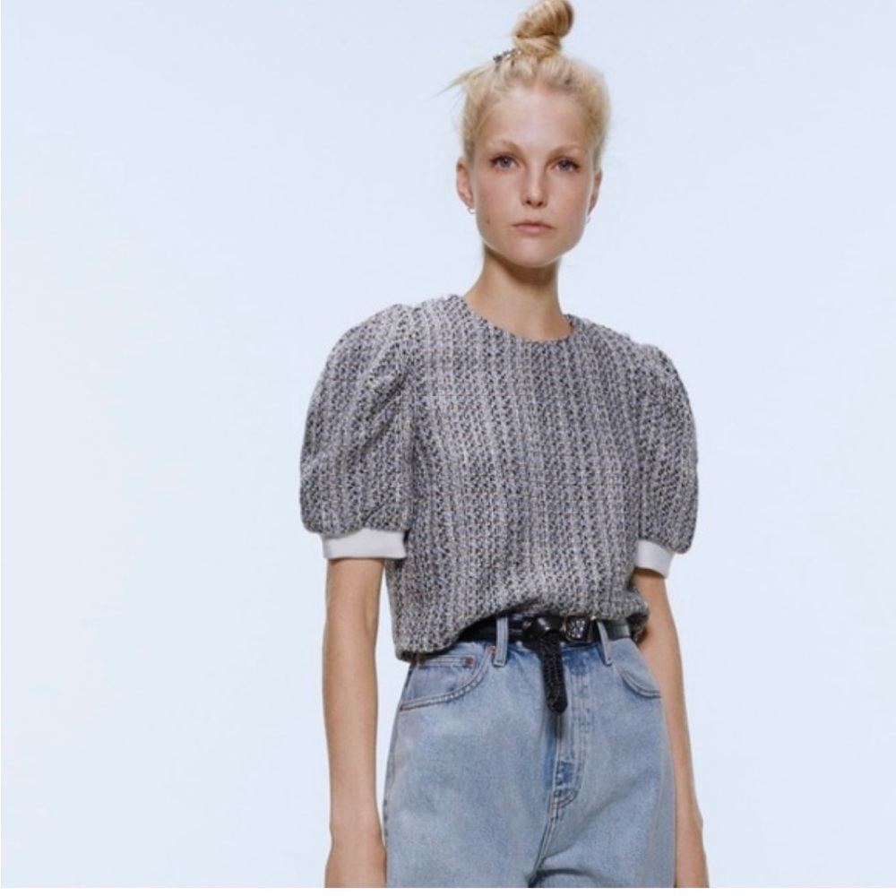 Zara Black and White Tweed Blouse with Puff Sleeves